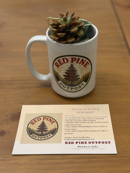 Red Pine Out Post Logo Coffee Mug and 5 Fire Starters Kit