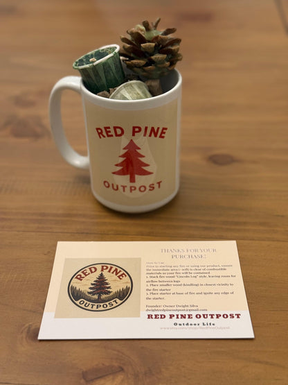 RED AND WHITE Red Pine Out Post Logo Coffee Mug and 5 Fire Starters Kit