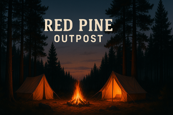 Hero banner with pine trees, camping scene, and campfires